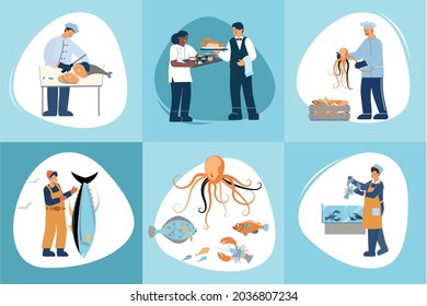 Flat composition set with various seafood human characters catching cooking selling fish serving meal isolated vector illustration