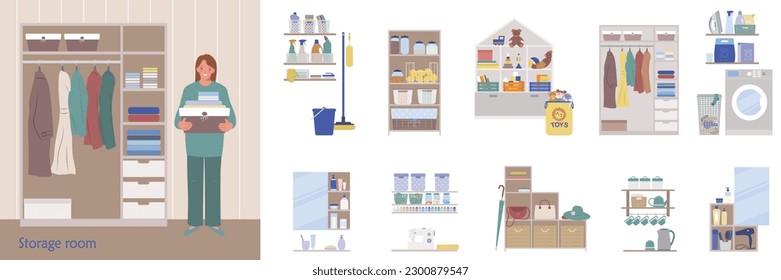 Flat composition set of various storage rooms interior elements isolated vector illustration