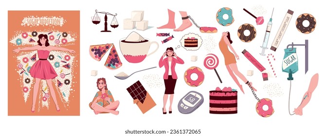 Flat composition set of women with sugar addiction and tasty desserts isolated vector illustration