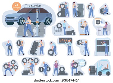 Flat composition set with workers in uniform doing different work at tire service and shop isolated vector illustration