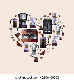 Flat composition in shape of heart with various coffee equipment beans cups and desserts on color background vector illustration