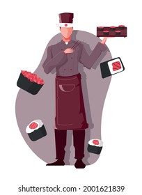 Flat composition with sushi images and male waiter holding tray and chopsticks vector illustration