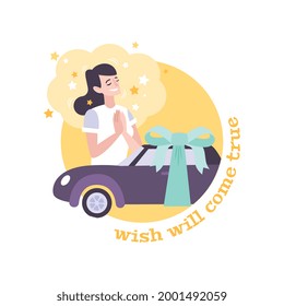 Flat composition with text and woman dreaming of new car vector illustration