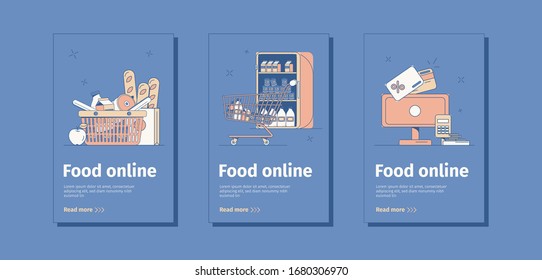 Flat composition of three food online banners with shopping cart trolley products cash desk isolated on blue background vector illustration