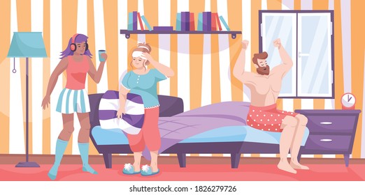 Flat composition with three people in room and guy stretching on bed two girls talking vector illustration