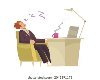 Composición plana con un hombre cansado durmiendo en su lugar de trabajo ilustración vectorial