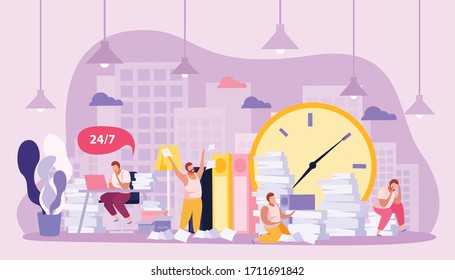 Flat Composition With Tired People Working All Day With Papers Vector Illustration