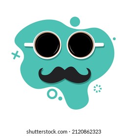 Flat composition with two cups of coffee with a mustache on a brown background, space for text. Happy father's day. Vector illustration.