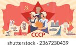 Flat composition of ussr symbols with soviet people kremlin pioneers eternal flame balalaika hammer and sickle vector illustration