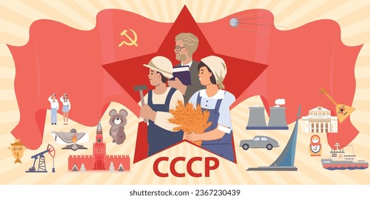 Flache Komposition von ussr Symbolen mit Sowjetmenschen kremlin Pioniere ewige Flammenbalalaika Hammer und Sichelvektorgrafik