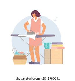 Flat composition with woman ironing clean linen vector illustration