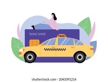 Flat composition with yellow taxi car bank card and happy woman character vector illustration