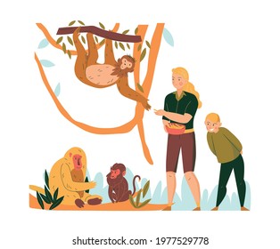 Flat composition with zoo visitors feeding monkeys vector illustration