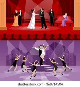 Flat compositions of 2 theater scenes presenting actors in performance and artists in musical vector illustration