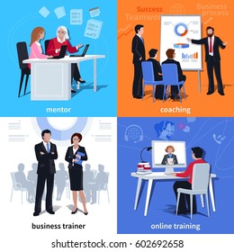 Flat Compositions With Mentor And Student Coaching Business Trainer And Online Learning Isolated Vector Illustration