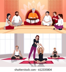 Flat Compositions With People In Yoga Class And Spiritual Lesson Of Mentor With Book Isolated Vector Illustration