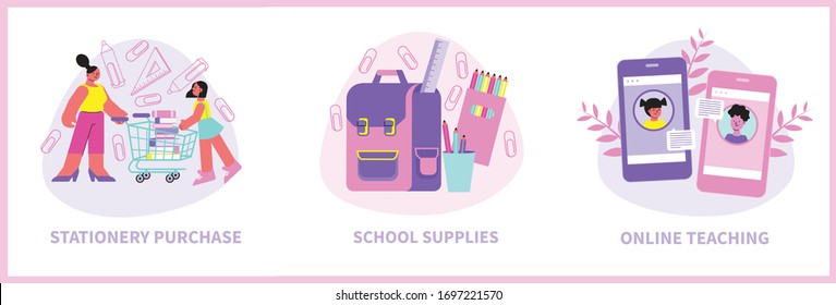 Flat compositions with school supplies gagdets and people doing stationery shopping isolated vector illustration