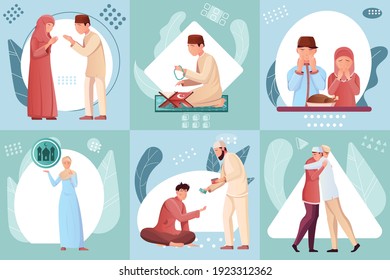 Flat compositions set with muslims reading quran praying donating money during ramadan holiday isolated vector illustration