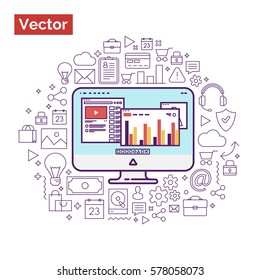 Flat computer with icons around for landing page web site circle shape