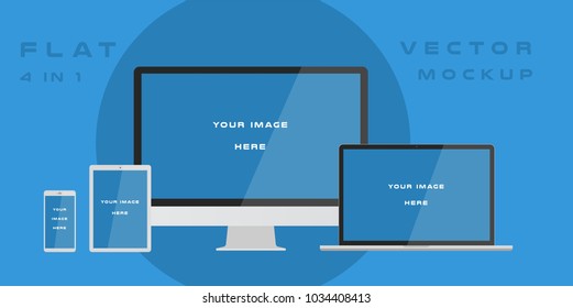 Flat computer monitor, laptop, tablet, smartphone isolated on blue background. Can use for template presentation, web design and ui kits. White electronic gadget, device mockup. Vector illustration