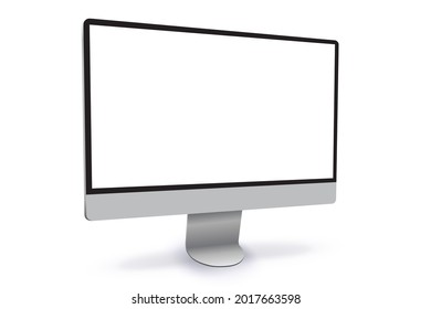 Flat Computer monitor vector mockup with white blank screen. Realistic desktop PC display illustration with side angle view.