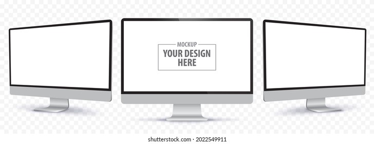 Flat Computer monitor vector mockup with white blank screen. Realistic desktop PC display illustration with perspective view.