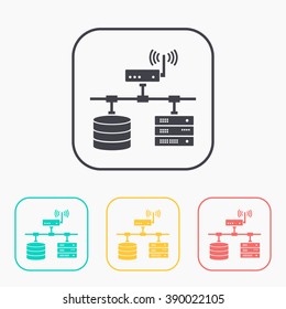 flat computer network with database wi-fi and server color set