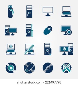 Flat computer repair icons set - vector blue symbols