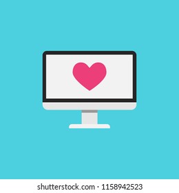  Flat computer screen icon with heart on it, vector illustration .