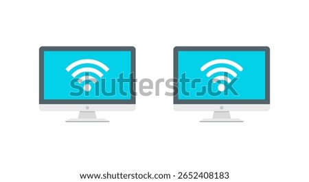 Flat computer screen with wifi signal. Internet connection icon on desktop monitor. Wireless technology and broadband network concept