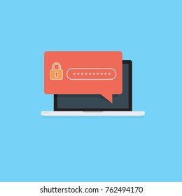 Flat computer with security lock icon. Internet Security Protection Concept. Laptop With Password Security Field On Screen
