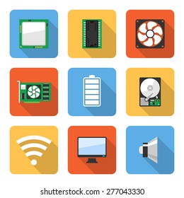 Flat computer system icons with long shadows. Vector illustration