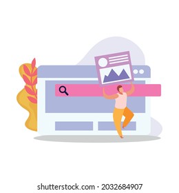 Flat computer user icon with program windows and human character vector illustration