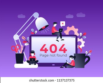 Flat Concept 404 Error Page or File not found for web page, banner, presentation, social media, documents. Website maintenance error, webpage under construction. Vector ultraviolet illustration