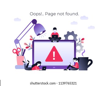 Flat Concept 404 Error Page or File not found for web page, banner, presentation, social media, documents. Website maintenance error, webpage under construction. Vector ultraviolet illustration