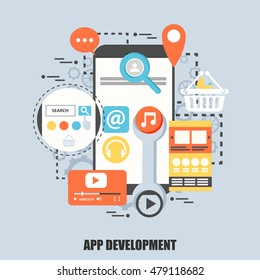 Flat concept of application development. Can be used for poster, banner, magazine, web design. Best solution for graphic designers. Vector illustration.