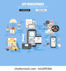 Flat concept of application development with smartphone, tools, programing code. Can be used for poster, banner, magazine, web design. Best solution for graphic designers. Vector illustration.