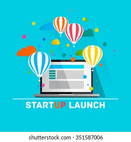 Flat concept background with hot air balloons. Project start up - launch. Vector illustration.