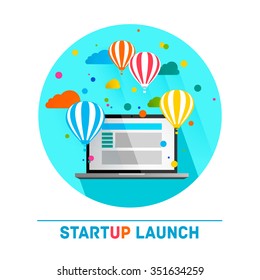 Flat concept background with hot air balloons. Project start up - launch. Vector illustration.