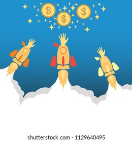 Flat concept background with rocket. Hand reaching for the coin. Startup business project. The rocket flies across the sky, above the clouds, launching a new business. Vector illustration with space