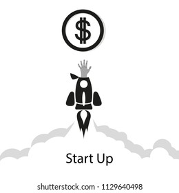 Flat concept background with rocket. Hand reaching for the coin. Startup business project. The rocket flies across the sky, above the clouds, launching a new business. Vector illustration with space