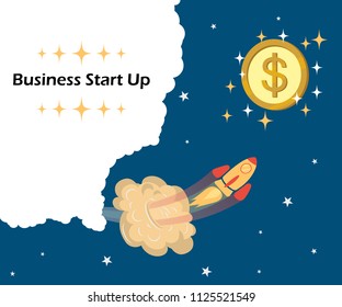 Flat concept background with rocket. Project launch-launch. The rocket flies through the sky, launching a new business. Vector illustration with space for text.