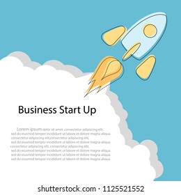 Flat concept background with rocket. Project launch-launch. The rocket flies through the sky, launching a new business. Vector illustration with space for text.