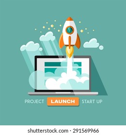 Flat concept background with rocket. Project start up - launch. Vector illustration.