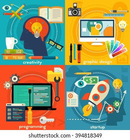 Flat concept banners. Creativity, programming, graphic design and startup