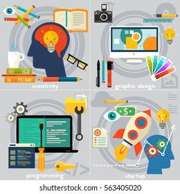 Flat concept banners. Creativity, programming, graphic design and startup