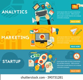 Flat concept banners. Marketing, Analytics, Startup Launch