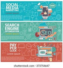 Flat concept banners of Social Media Marketing, Search Engune Optimazation, Pay Per Click. Line art icons  Innovation and solution. Flat business idea. Digital  Vector illustration