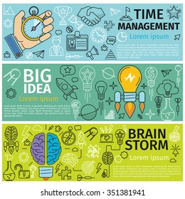 Flat Concept Banners Of Time Management, Creative Design, Big Idea, Brainstorm. Line Art Icons  Innovation And Solution. Business Idea. Vector Illustration