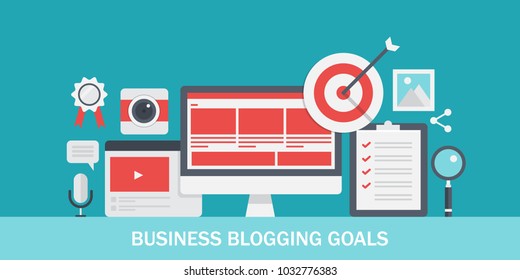 Flat concept of business blogging, digital marketing goals, strategy checklist vector illustration